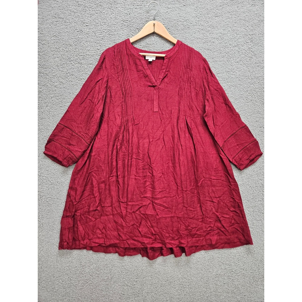 J. Jill Pintuck Tunic Top L Petite Burgundy Red Boho Lagenlook Pockets